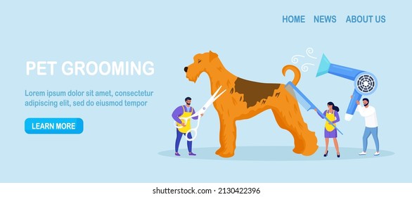Woman and man caring of pet, cutting and brushing fur, washing. Professional barber grooming dog. Pet haircut, groomer salon. Vector illustration