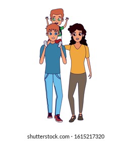 woman and man carrying his son on his shoulders over white background, vector illustration