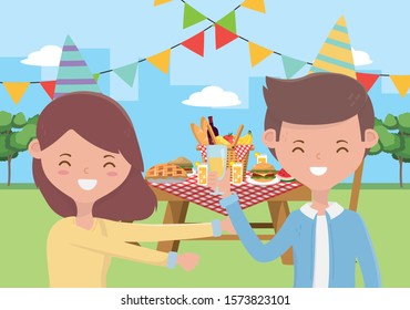 Woman and man cartoon having picnic design, Food party summer outdoor leisure healthy spring lunch and meal theme Vector illustration