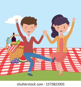 Woman and man cartoon having picnic design, Food party summer outdoor leisure healthy spring lunch and meal theme Vector illustration