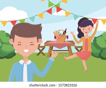 Woman and man cartoon having picnic design, Food party summer outdoor leisure healthy spring lunch and meal theme Vector illustration