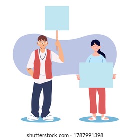 Woman and man cartoons holding banners boards design, Manifestation protest and demonstration theme Vector illustration