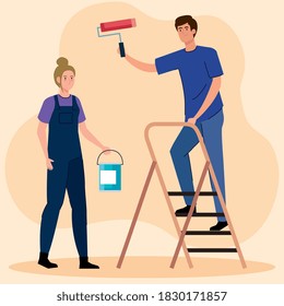 woman and man cartoons painting with roll bucket and ladder design of remodeling construction working and repairing theme Vector illustration