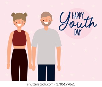 woman and man cartoons smiling of happy youth day design, Young holiday and friendship theme Vector illustration