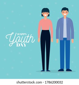 woman and man cartoons smiling of happy youth day design, Young holiday and friendship theme Vector illustration