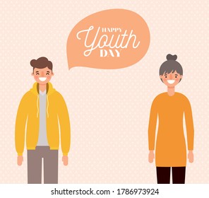 woman and man cartoons smiling of happy youth day design, Young holiday and friendship theme Vector illustration