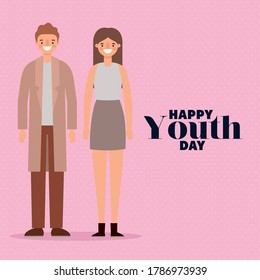 woman and man cartoons smiling of happy youth day design, Young holiday and friendship theme Vector illustration