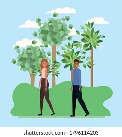 woman and man cartoons walking at park with trees design, Nature outdoor and season theme Vector illustration