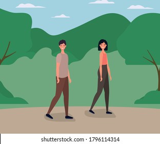 woman and man cartoons walking at park design, Nature outdoor and season theme Vector illustration