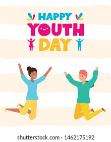 woman and man celebrating happy youth day flat design vector illustration