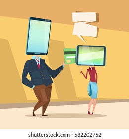 Woman And Man Cell Smart Phone Head Online Banking Payment Flat Vector Illustration