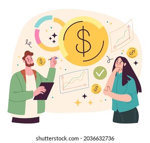 Woman and man character analyzing budget vector flat illustration