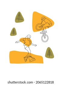 Woman and man character creation set with various views, poses, face emotion. Line drawings of athletes, cyclists, skaters. Cartoon illustration with people. Front, side, back view animated character.
