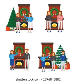Woman, man character hold wine glass, fireplace xmas fir tree with gift box, merry christmas souvenir cartoon vector illustration, isolated on white. Concept happy person standing new year holiday.