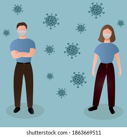 Woman and man character illustration with surgical or medical face mask maintain social distancing to prevent virus spreading.