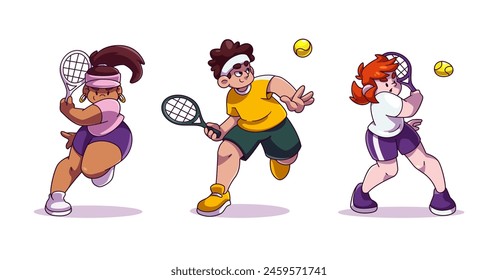 Woman and man character tennis sport player vector. Female person serve ball and hit with racket in game cartoon isolated design set. People sportsman and athlete lifestyle in professional competition