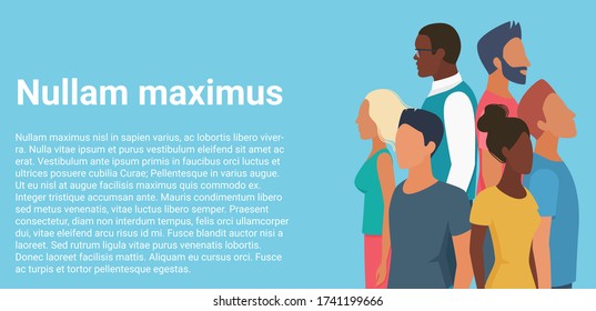 Woman Man Characters, Diverse Group Vector Illustration. Cartoon Flat Young Faceless People Of Different Nationality And Races Standing In Crowd Together, With Backs To Each Other Creative Background