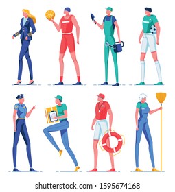 Woman and Man Characters Doing Jobs Flat Cartoon Vector Illustration. Pilot in Uniform, Basketball Player with Ball, Gardener with Equipment, Footballer, Policewoman, Delivery Person, Janitor.