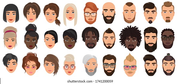 Woman man characters, facial portraits vector illustration set. Cartoon flat adult people heads with different faces or hair, nationality and races, fashionable and stylish hairstyle isolated on white