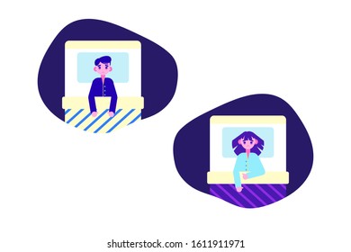 Woman and man characters lying in bed suffers from insomnia on white background. Stress and health problem, sleep disorder, anxiety. Flat style vector illustration
