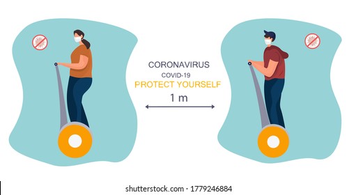 Woman and Man Characters in Medical Mask Riding on Electric Scooter during Covid 19 Pandemic.Rules for Walking in Quarantine in Park.Social Distance.Protect Yourself.Flat Vector Illuatration