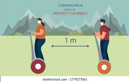 Woman and Man Characters in Medical Mask Riding on Electric Scooter during Covid 19 Pandemic.Rules for Walking in Quarantine in Park.Social Distance.Protect Yourself.Flat Vector Illustration