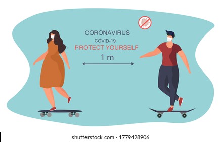 Woman and Man Characters in Medical Mask Riding Skateboard during Covid 19 Pandemic.Rules for Walking in Quarantine in Park.Social Distance.Protect Yourself.Flat Vector Illustration.