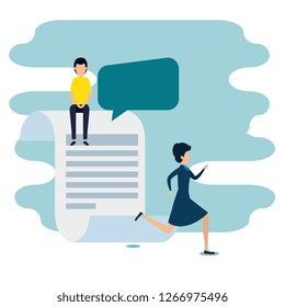 woman and man with chat bubble and document