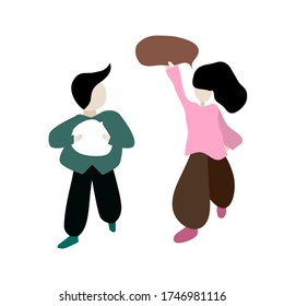 Woman and man chat with speech bubbles.
