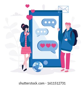 Woman and man chatting. Chat bubble. Vector illustration for web banner, infographics, mobile. Dating app and virtual relationship. 