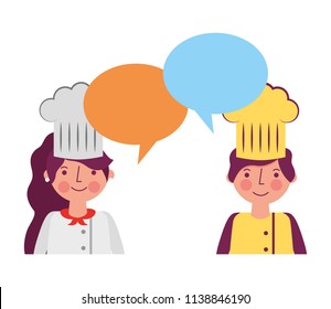 woman and man chef talking speech bubble