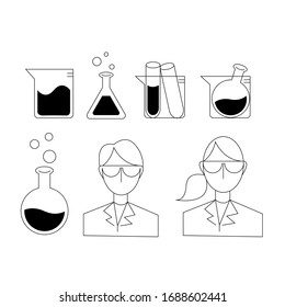 Científicos químicos hombres y mujeres icono vectorial. Tubo de prueba de frasco y vidrio en el vaso de precipitados. Hay productos químicos en los cristales de frasco de erlenmeyer.