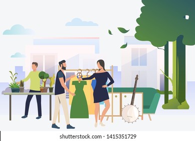 Woman and man choosing dress. Shopping, boutique, showroom. Marketing concept. Vector illustration for poster, presentation, new project