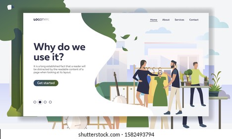 Woman and man choosing dress. Shopping, banjo, sofa, tree, plant, sample text. Marketing concept. Vector illustration for poster, presentation, new project