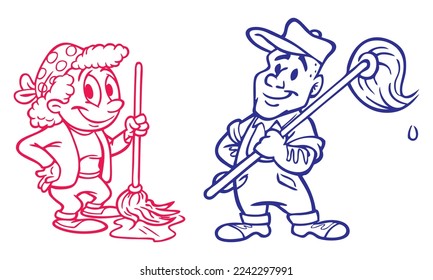 A Woman And A Man Clean The Floor Vector Illustration. Husband And Wife Doing Housework Household Chores Together
