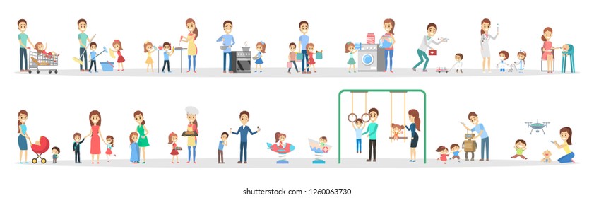 Woman and man clean home and doing a housework with children set. Housewife doing everyday domestic routine and kids help her. Isolated flat vector illustration