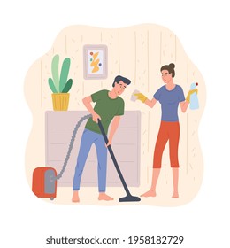 Woman and man cleaning house together, flat vector illustration isolated on white background. Couple tidying up common house and doing daily domestic chores together.