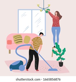 Woman and man cleaning in house vector illustration