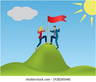 Woman and man climbes up to hill, meets on the top and put down flag. Victory hand sign. Vector illustration.