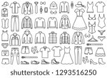 Woman and man clothes and accessories collection - fashion wardrobe - vector icon outline illustration