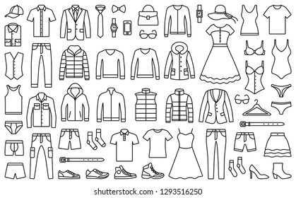 Collection de vêtements et d'accessoires pour femmes et hommes - garde-robe de mode - illustration vectorielle