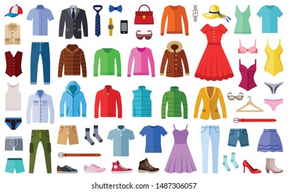 Woman and man clothes and accessories collection - fashion wardrobe - vector color illustration
