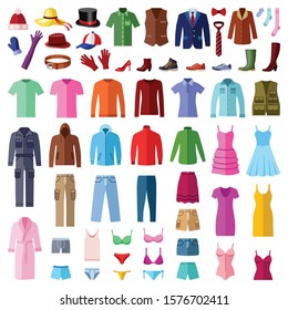 Collection de vêtements et d'accessoires pour femmes et hommes - garde-robe de mode - illustration vectorielle à l'aquarelle
