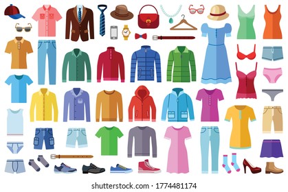 Collection de vêtements et d'accessoires pour femmes et hommes - garde-robe de mode - illustration vectorielle à l'aquarelle