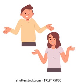 woman and man clueless confused puzzled question ask not sure pick do not know in flat vector cartoon illustration style