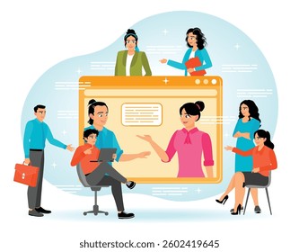 Woman and man colleagues work together, communicate in office and by video call, discuss tasks at briefing. teamwork concept. flat vector illustration