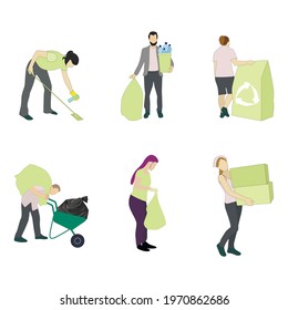 Woman man collect waste and garbage, pick up trash in packet. Illustration cleaning garbage and trash, waste collecting and pick up, safe ecology and environment vector