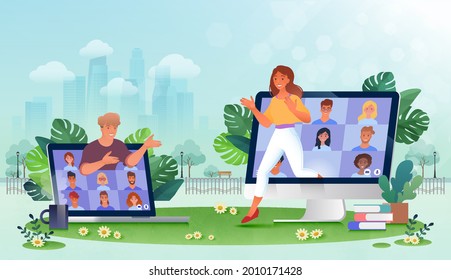 Woman and man coming out from virtual video conference app meeting with colleagues in person. Business group meeting via wireless internet. Vector illustration.