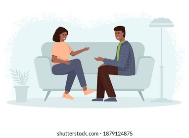 A woman and a man communicate sitting on the sofa. A conversation with a friend, a session with a psychologist or coach.