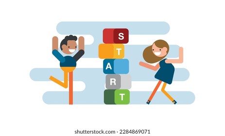 Woman and man connect puzzle elements with the word start. Starting a business team, success of the team together
